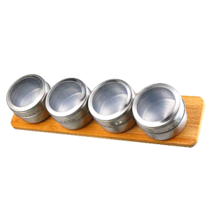 SUPORTE DE BAMBU C/ 4 PORTA CONDIMENTOS EM INOX BASE COM IMA